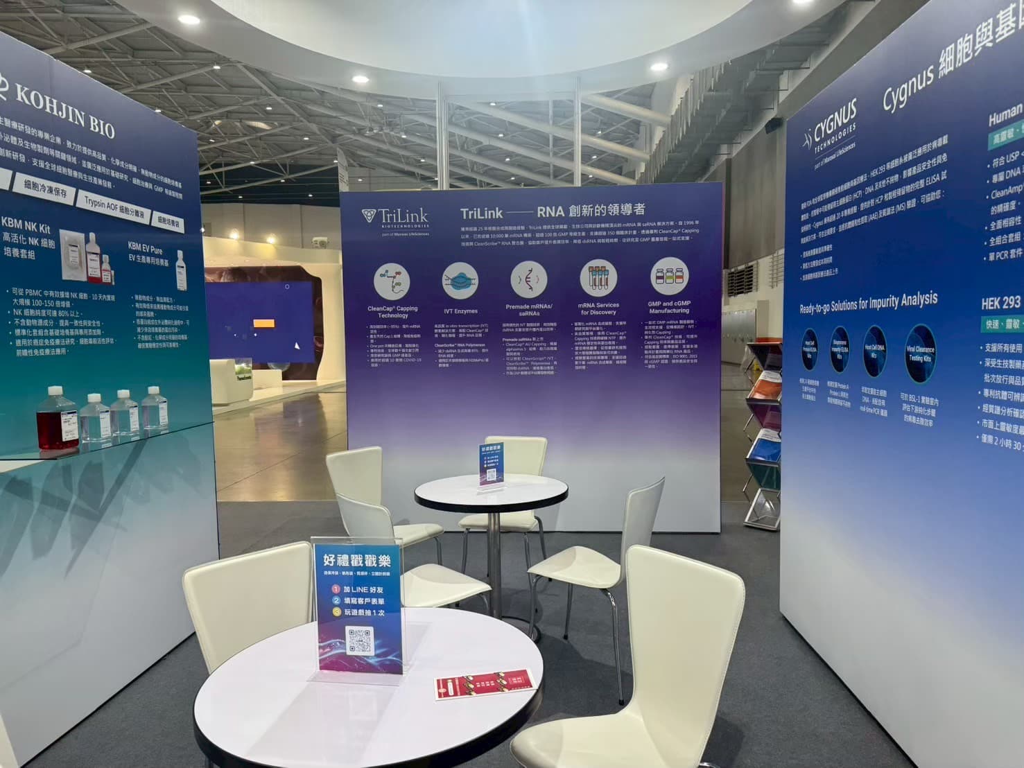 生物科技展覽設計_捷昇生技多品牌分區展示近景,統一設計語彙維持母品牌形象一致性