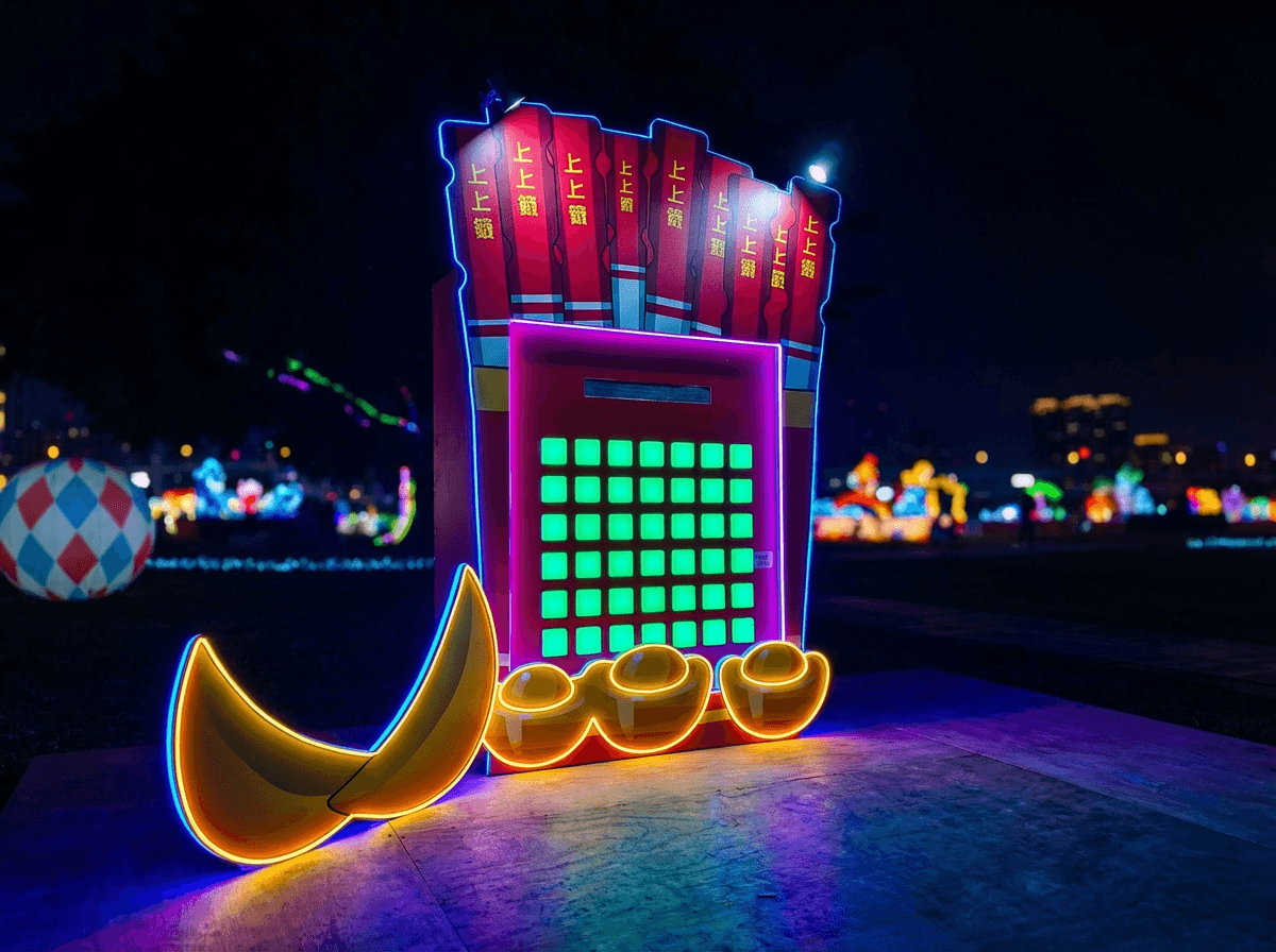 元宵燈會燈區施工管理_傳統老街門面霓虹燈組夜間效果,搭配新月與金球裝飾